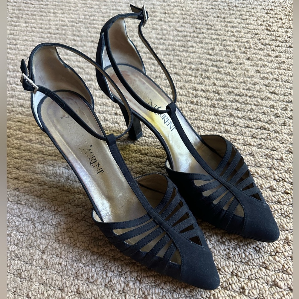 YSL Vintage Black Satin T-Strap Heels